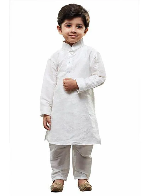 VASTRAMAY Boys' White Cotton Silk Kurta and Pyjama Set