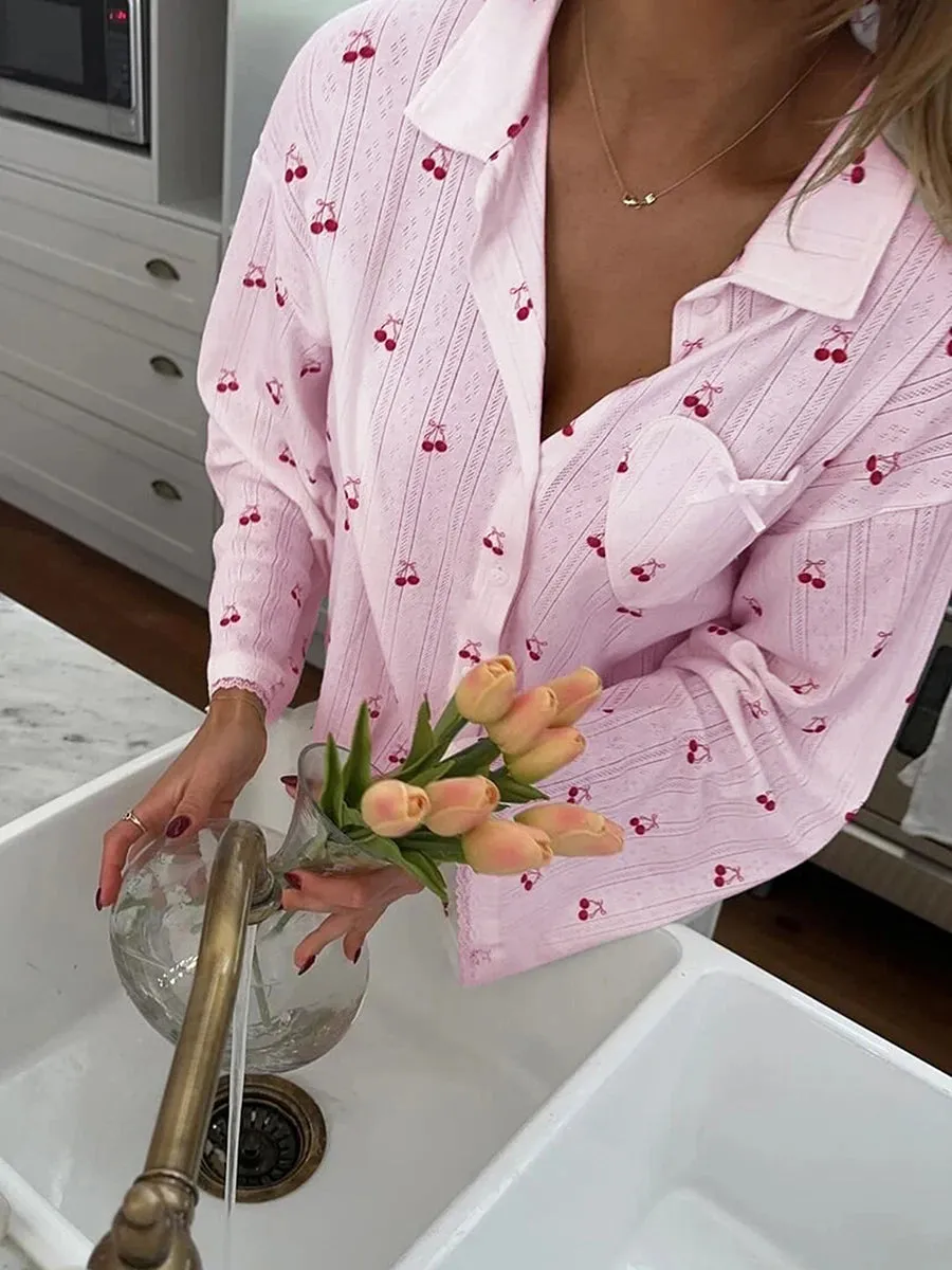Women's Cherry Print Long Sleeve Pajamas Shirt and Pants Sleepwear